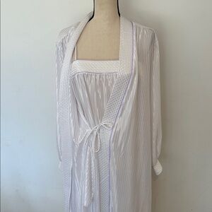Vintage Dominique M White Lilac striped Peignoir Long Robe and Nightgown Set 80s